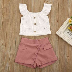 Flying Sleeve Hollow Top + Solid Color Shorts Girls Clothing Suit Summer Casual Toddler Children's Clothes 2 Pieces 210515