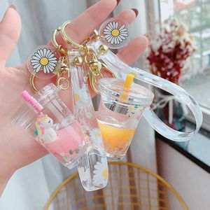 Floating Creative cute Pegasus milk tea cup Keychain Moving Liquid quicksand drift flower keyring for women bag pendant K107 G1019