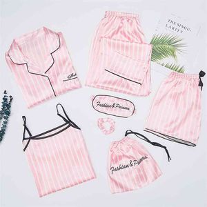 Temmuz Şarkı 7 Parça Pijama Set İlkbahar Yaz Leke Yumuşak Pijama Uzun Pantolon Gecelikler Faux Ipek Homewear Pijama 210809