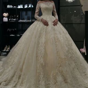 Princess Ball spets bröllopsklänningar långärmad pärlor applikationer brudklänning 328 328