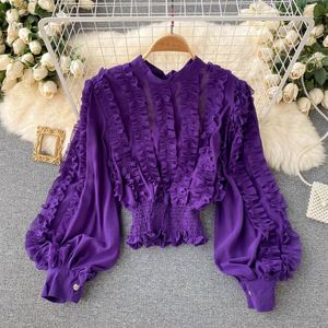 Women's Blouses & Shirts Autumn Purple/Black/White Ruffle Chiffon Blouse Women Stand Collar Lantern Long Sleeve Elegant Draped Short Tops Fe