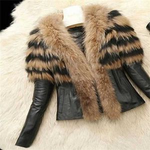 Sonbahar Kış kadın Faux Kürk Ceket Kadın Slim Fit PU Deri Mont Kabarık Giyim Ceketler 211129