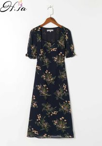 Hsa Europäischer und amerikanischer Sommerwind Damen Blumen und Pflanzen bedrucktes Kurzarmkleid mit quadratischem Kragen 396 210716