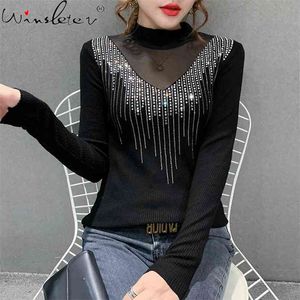 Sweter Kobiety Sexy Mesh Patchwork Diamenty Szczupły Topy Zimowa Odzież Dzianiny Wear Pullover Z Długim Rękawem T0N602A 210421