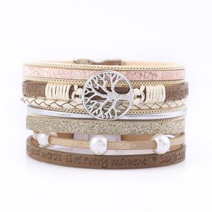 Frauen Charme Armbänder Magnetische Schnalle Multi-Layer Leder Natrual Perlen Baum des Lebens Charme Armband Armreif Geschenk Geschenk