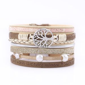 Women Charm Bracelets Magnetic Buckle Multi-layer Leather Natrual Pearls Tree of Life Charm Bracelet Bangle Set Gift