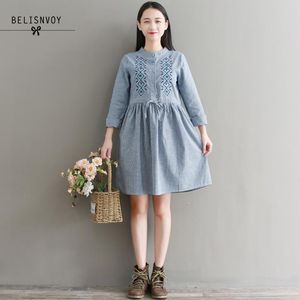 Robe Femme Spring Autumn Women Cotton Stripe Embroidery Dress Stand Collar Long Sleeve Drawstring Mori Girl Vintage 210520