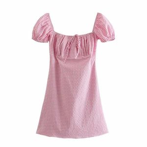 Kvinnor rosa gingham sommar klänning za kort puff ärm smocked plaid mini klänningar kvinna chic sida zip vintage klänning 210602