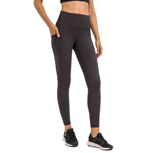 Sidoficka Sport Tights Yoga Outfits Kvinnors Leggings Running Fitness Gym Kläder Hög Elastiska Nakenbyxor Träning Capris Full Length Byxor