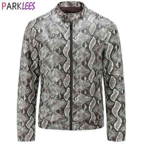 Sexy Snake Pattern PU Leather Jacket Men Brand Stand Collar Motorcycle Biker Faux Leather Mens Jackets Coats Chaquetas Hombre 210522