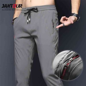 Spring Summer Casual Men's Pants Slim Fit Chinos Fashion Thin Zipper Pocket Elastic Waist Fast Dry Trousers Male Brand Clothing 210723