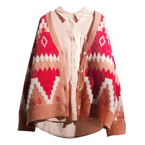 H.SA Mulheres Casual Camisola V Pescoço Solto Oversize Jumpers Coreano Primavera Outono Cardigans Red Geometric Knit Revest 210417