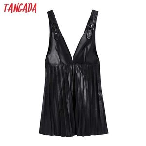 Tangada mode kvinnor svart faux läder klänning band ärmlös damer höst vinter tunika mini dress vestidos be44 210609