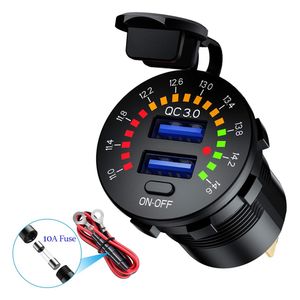 12V 24V QC 3.0 Dual USB Car Charger Waterproof 18W USB Outlet Fast Charge with LED Voltmeter ON OFF Switch Power Cable for Car