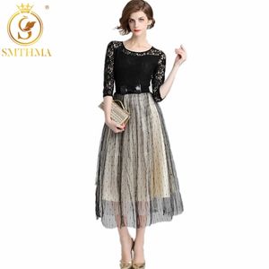 Moda Primavera Pista Preto Patchwork Lace Dress Mulheres Gaze Dot Vestidos Vestidos 210520