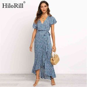 Hilorill Verão Longo Maxi Vestido Mulheres Casual Boho Floral Impressão Praia Vestido Sexy V-Pescoço Ruffle Bodycon Envoltório High Slit Festa Vestido 210630