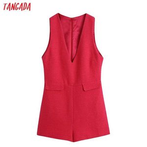 Tangada kvinnor röd tweed playsuits vintage v nacke ärmlös tillbaka dragkedja mode kvinnlig jumpsuits mujer be81 210609