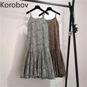 Korobov Summer Chic Women Dress Sexy Spaghetti Strap Vintage Leopard Print Abiti Koren A-Line Chiffon Abiti Femme 210430