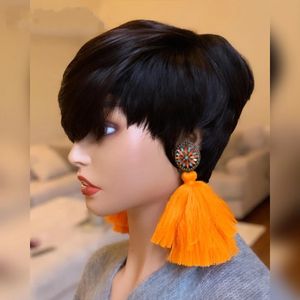 Brazilian Pixie Cut Short Bob Wigs For Black Women Full Machine Made No Lace Front Remy Human Hair Wig With Bangs