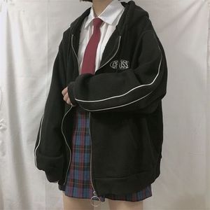 streetwear Harajuku Oversized sweatshirt women print Letter zip up Hoodies Student Plus Size Outwear Female Loose tops 210721