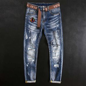 American Street Style Fashion Men Jeans Retro Blue Elastic Slim Ripped Patches Designer Hip Hop Destroyed Denim Pants