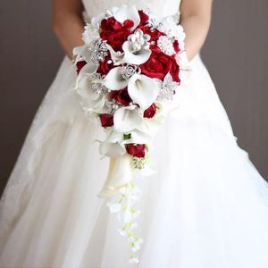 Cristal De Cachoeira venda por atacado-Flores do casamento cachoeira vermelha bouquets nupciais pérolas artificiais bouquet de cristal de mariage rosa