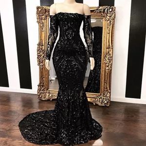 Off Vestidos axelns sjöjungfru prom klänningar vintage svart långärmad svepstam sekvinerad formell aftonklänning party klänningar bc1454
