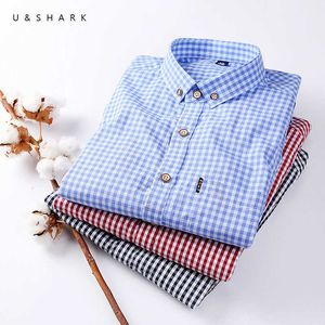 USHARK Kleine Plaid Hemden Männer Langarm Casual Hemden Büro Schlank Herbst Koreanische Kleidung Stilvolle Männliche Soziale Kariertes Hemd 210603