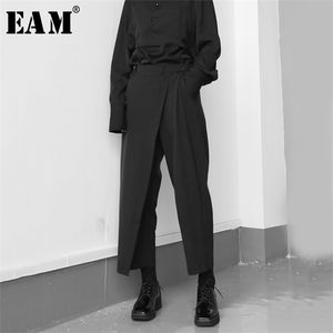 EAM High Elastic midja svart kort veckade långa byxor Löst passform Fashion Spring Autumn 1S430 220217
