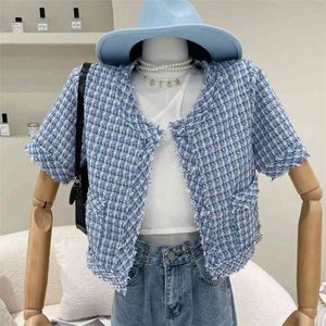Summer Chic Woolen Short Coat Korean Sleeve Plaid Woman Tweed Jacket Fashion Elegant Office Lady Sexy Streetwear Crop Top 210514