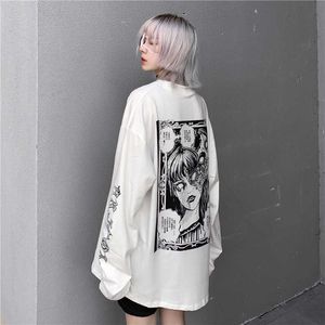 Kore INS HARAJUKU Vintage Punk Bf Koyu Evil Kadın Baskı Uzun kollu T-shirt Moda Gevşek 210608