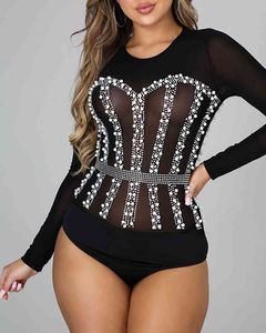 Primavera Inverno Mulheres Studded Beaded Longo Manga Plus Senue Skinny Bodysuit Casual Corpo Top Patchwork Jumpsuit Femme Novo 210415