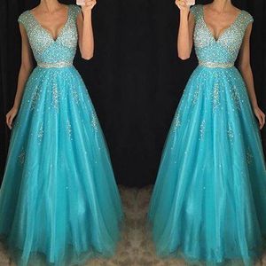 Feestjurken turquoise tule prom backless sparkly kralen plunging sexy lange pageant jurk avondjurken