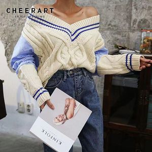 V Neck Sweater Women Pullover Striped Patchwork Blue Loose Cable Knitted Tricot Pull Femme Clothing 210427