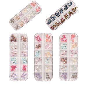 12 Grids Cute 3D Colorful Resin Nails Butterfly Little Bear Flower Charm Aurora Nail Art Rhinestones Decoration Pixie Ornaments DIY Manicure AB For Girls