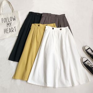 Spring summer high-waisted cotton A-line semi-elastic skrit for womens waistband Casual button pocket casual midi long skirt 210420