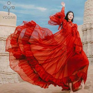YOSIMI Red Chiffon Loose Long Women Dress Summer Maxi Elegant Ankle-Length Butterfly Sleeve Ruffles Female Vestidos 210604