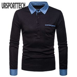 Ursporttech Męskie Koszulka Polo Spring Autumn Casual Długim Rękawem Jean Collar Design Koszulki Polo Mężczyzna Duży Rozmiar Top Tee 210528