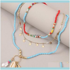 Anhänger Schmuck 3 Teile/satz Boho Mode Natürliche Shell Stern Anhänger Blau Glas Perlen Lange Halsketten Für Frauen Trendy Gold Metall kette Hals