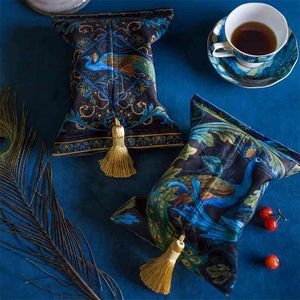Titular de tecido de pavão luxuoso tassel decorativo design vintage retângulo recarregável caixa capa real azul macio veludo 210818