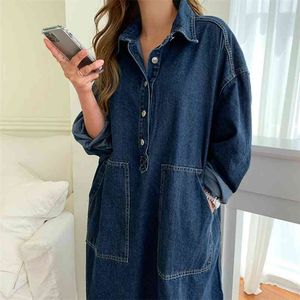 Denim Dress Women's Spring Clothing Full Sleeve Nedgång Knappar Split Casual Loose Female Street Wear Denim Robe Dress 210329