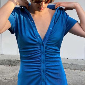 Julissa Mo Dantelli Düğmeler Kadın Yaz Elbise Kısa Kollu Turn Down Yaka Mini Elbiseler Casual Homewear Vestidos Parti için Yeni Y0823