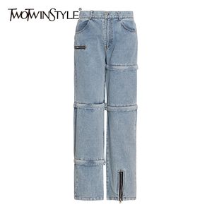 TWOTWINSTYLE Casual Patchwork Zipper Jeans Für Frauen Hohe Taille Aushöhlen Streetwear Denim Hosen Weibliche Mode Kleidung 210517