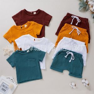 Wholesale hood covers resale online - INS Baby Kids Clothing Sets Organic Cotton Linen Suit Short Sleeve Round Neck T shirt with Elasctic Shorts for Daily Home Wear X2