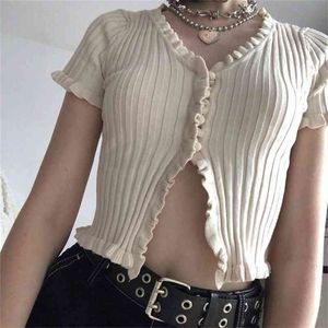 Sommar Kvinnor Harajuku Stickad Kort Ruffles Sleeve Shirt Crop Top Sexig Street Wear Femme Button T 210427