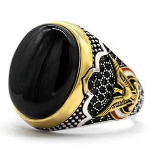 Men's 925 Sterling Oval Black Natural Agate Ring, Peace Sign, Male Thai Silver Turkish Jewelry