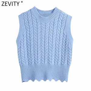 Zevity Women Solid Color Crochet Casual Slim Short Knitting Vest Sweater Kvinna Chic O Neck Ärmlös Waistcoat Tops SW697 210603