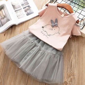 Kids Clothes Set Summer Baby Girl Cute Cartoon Top Short Sleeves T-shirt+Net Yarn Tutu Lace Skirt Outfits Girls 210515