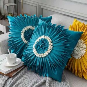 Velvet Three-dimensional Chrysanthemum Stitching Throw Pillowcase Blue White 3D Cushion Cushions Home Decor 211203
