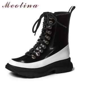 Ankle Boots Women Shoes Genuine Leather Platform Mid Heel Motorcycle Zip Lace Up Wedge Heels Short Black 40 210517